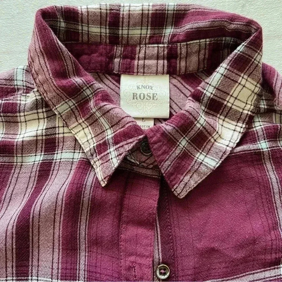 Knox Rose Womens L Waffle Knit Flannel Long Sleeve Plaid Button Up Purpl… - Picture 2 of 10